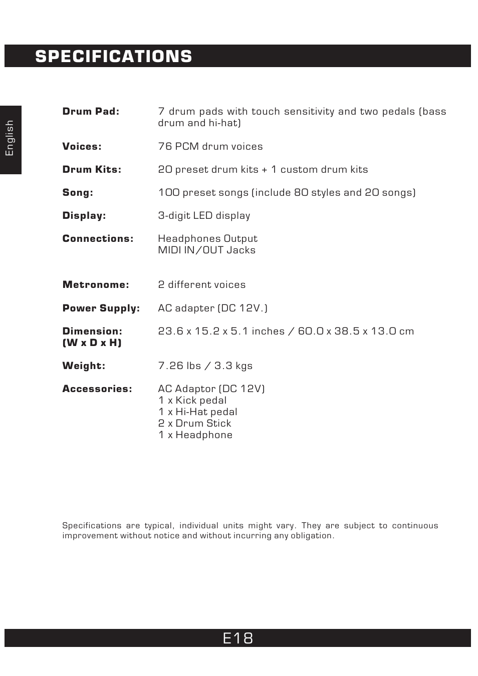 Specifications | The Singing Machine 7 Pad Electronic Drum Set SMI-1452 User Manual | Page 18 / 68