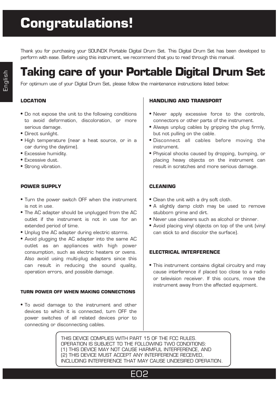 Taking care of your portable digital drum set | The Singing Machine 7 Pad Electronic Drum Set SMI-1452 User Manual | Page 2 / 68