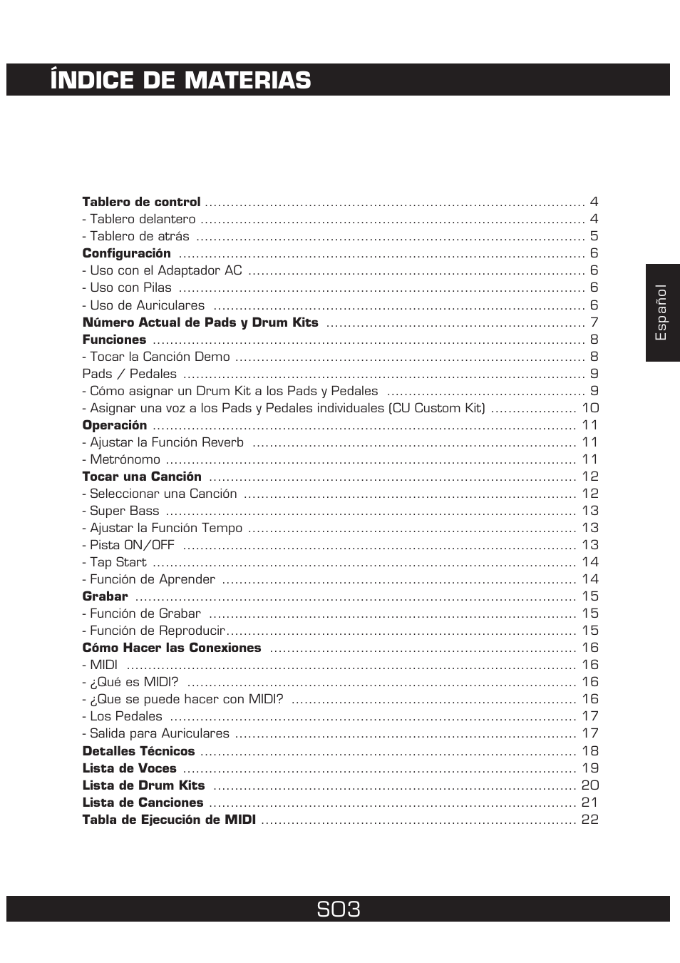 Índice de materias | The Singing Machine 7 Pad Electronic Drum Set SMI-1452 User Manual | Page 25 / 68