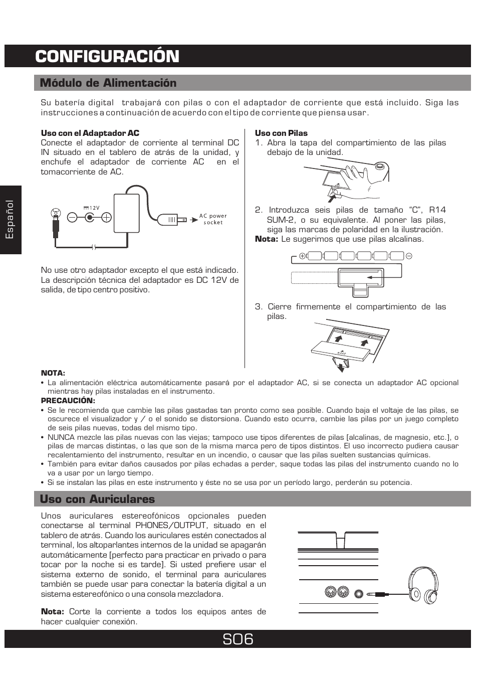 Configuración, Módulo de alimentación, Uso con auriculares | The Singing Machine 7 Pad Electronic Drum Set SMI-1452 User Manual | Page 28 / 68