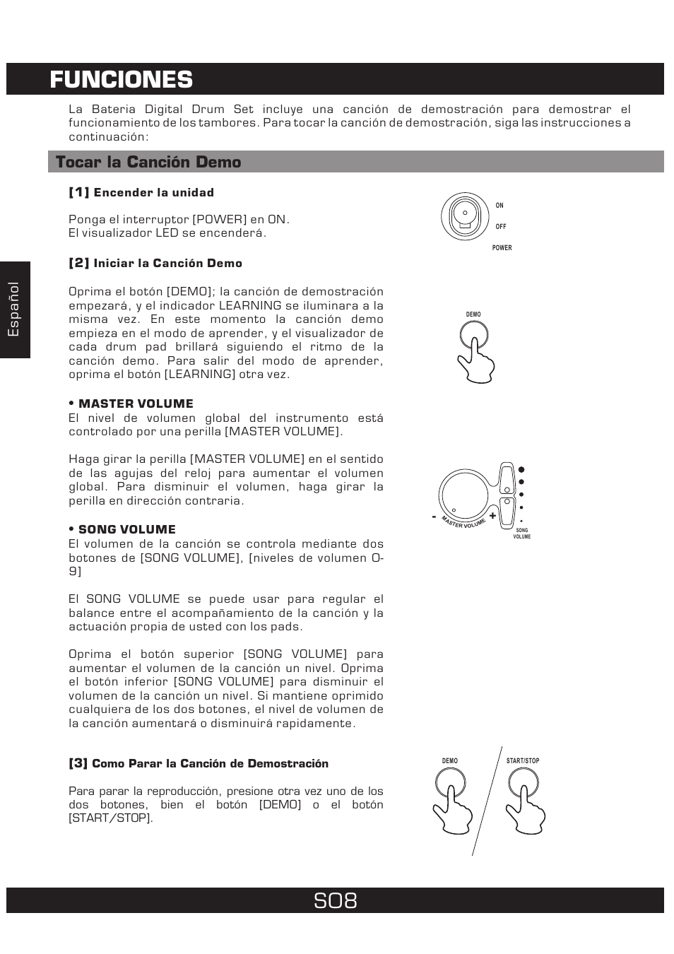 Funciones, Tocar la canción demo, Español | The Singing Machine 7 Pad Electronic Drum Set SMI-1452 User Manual | Page 30 / 68