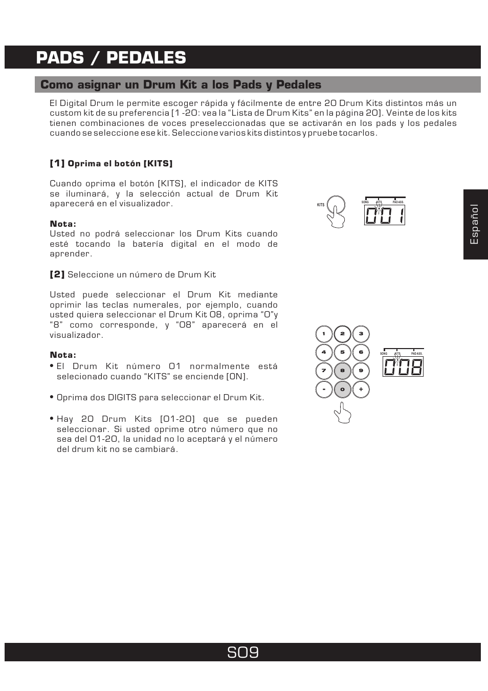 Pads / pedales, Como asignar un drum kit a los pads y pedales, Español | The Singing Machine 7 Pad Electronic Drum Set SMI-1452 User Manual | Page 31 / 68