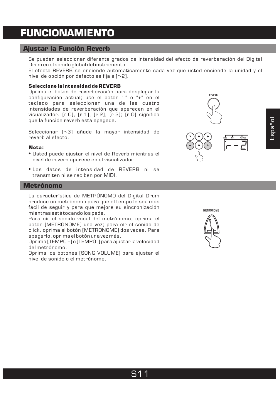Funcionamiento, Ajustar la función reverb, Metrónomo | Español | The Singing Machine 7 Pad Electronic Drum Set SMI-1452 User Manual | Page 33 / 68