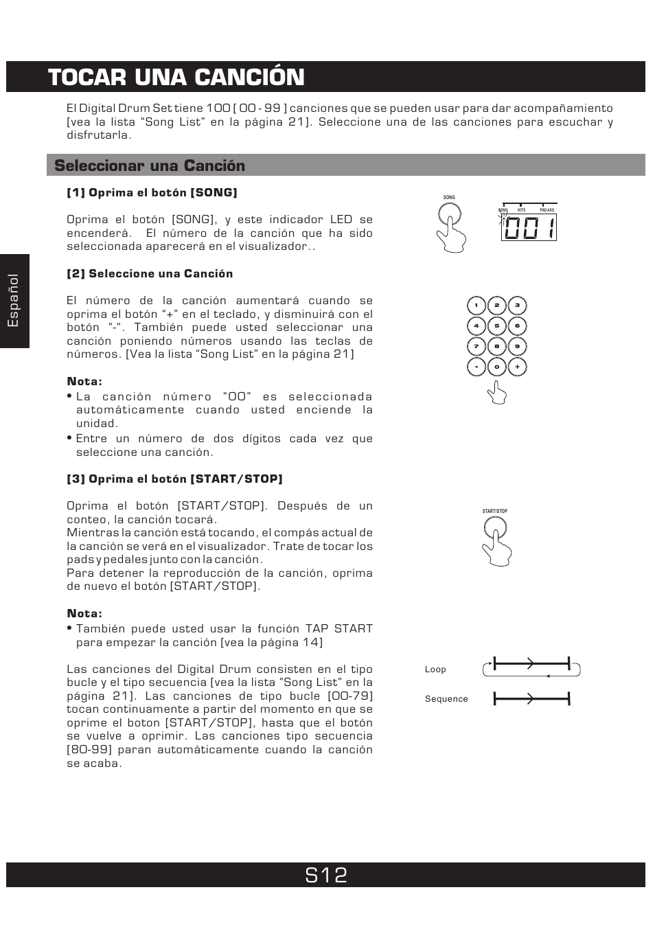 Tocar una canción, Seleccionar una canción, Español | The Singing Machine 7 Pad Electronic Drum Set SMI-1452 User Manual | Page 34 / 68