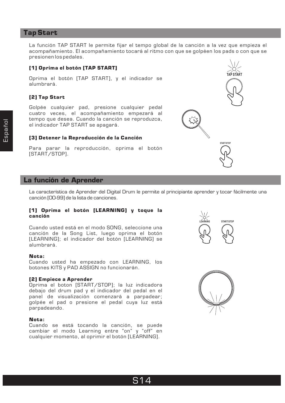 Tap start la función de aprender | The Singing Machine 7 Pad Electronic Drum Set SMI-1452 User Manual | Page 36 / 68