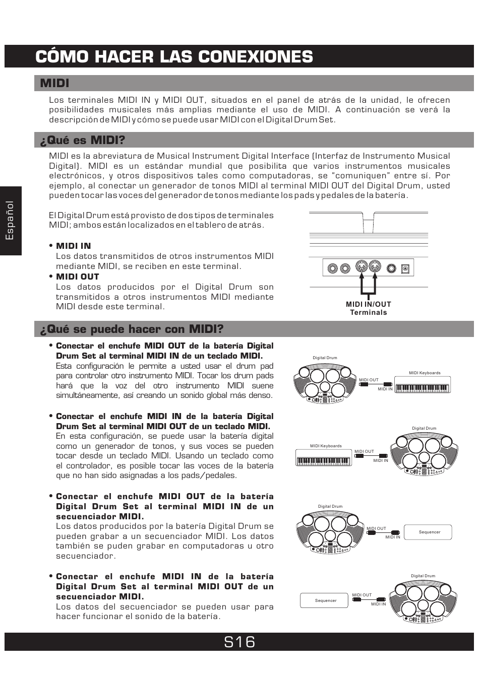 Cómo hacer las conexiones, Qué es midi, Qué se puede hacer con midi | Midi, Español | The Singing Machine 7 Pad Electronic Drum Set SMI-1452 User Manual | Page 38 / 68