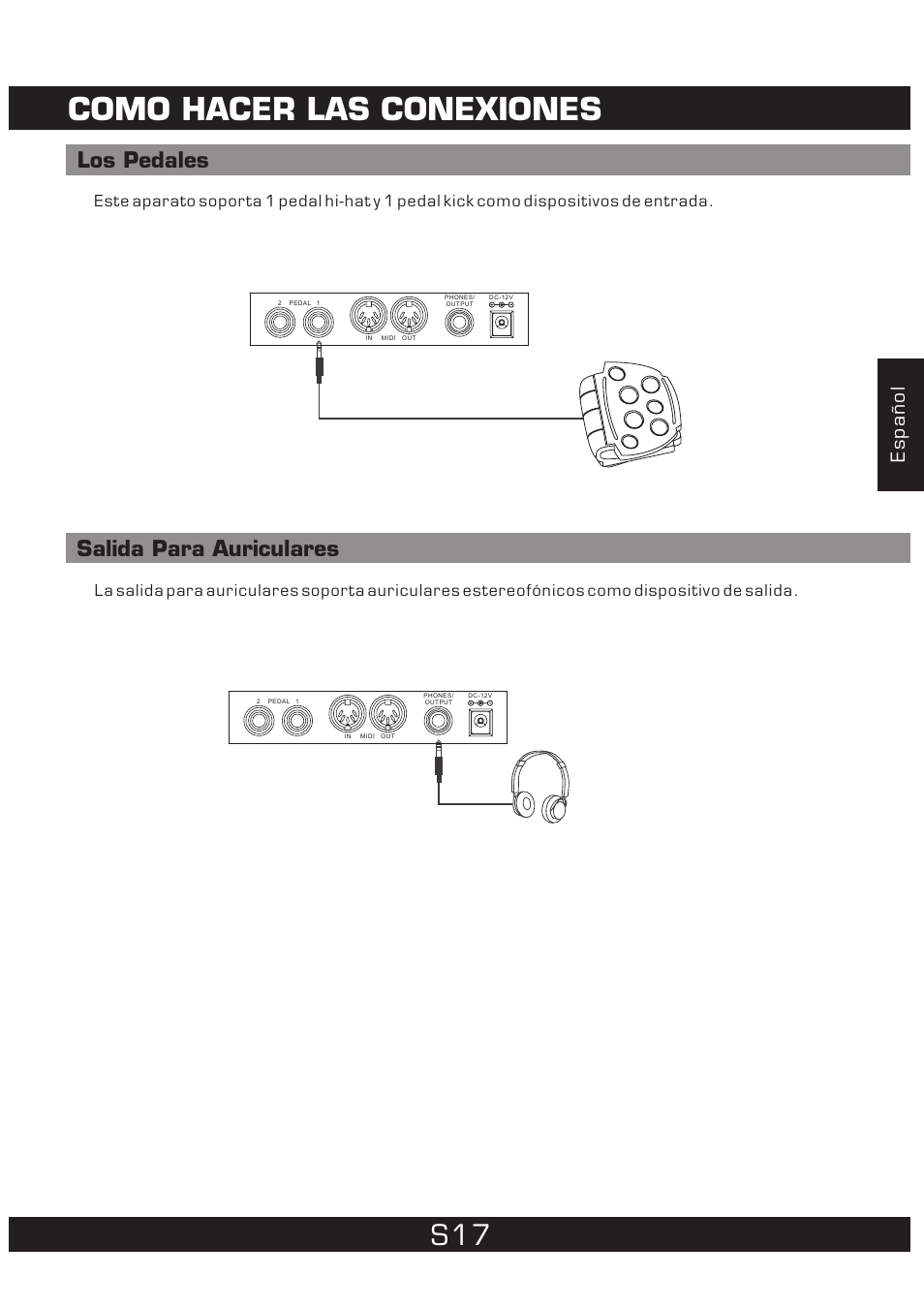 Como hacer las conexiones, Los pedales salida para auriculares, Español | The Singing Machine 7 Pad Electronic Drum Set SMI-1452 User Manual | Page 39 / 68