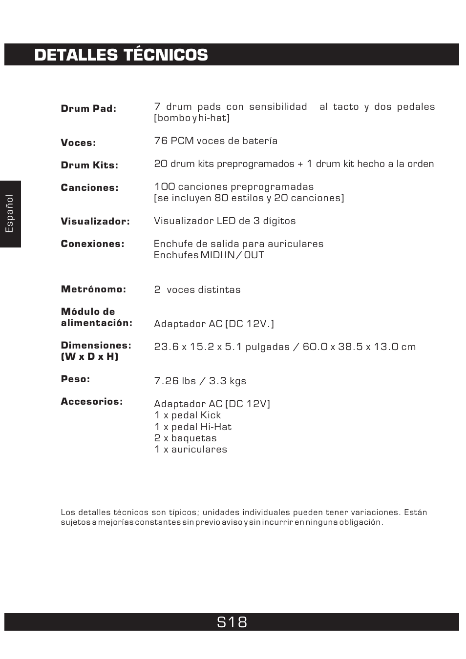 Detalles técnicos | The Singing Machine 7 Pad Electronic Drum Set SMI-1452 User Manual | Page 40 / 68