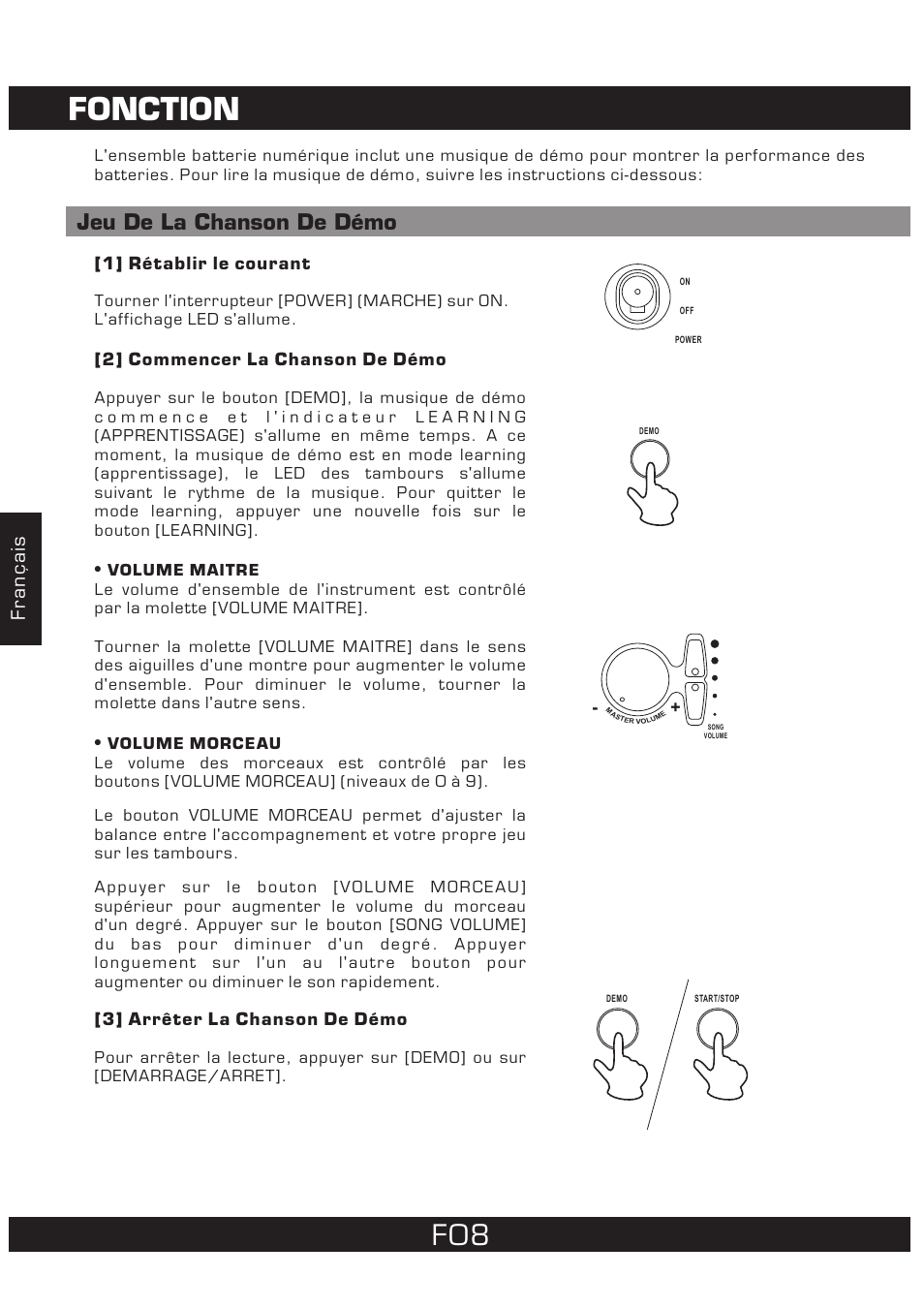 Fonction, Jeu de la chanson de démo, Français | The Singing Machine 7 Pad Electronic Drum Set SMI-1452 User Manual | Page 52 / 68