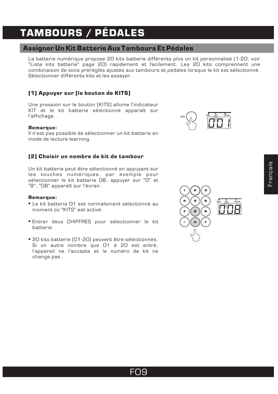 Tambours / pédales, Assigner un kit batterie aux tambours et pédales, Français | The Singing Machine 7 Pad Electronic Drum Set SMI-1452 User Manual | Page 53 / 68