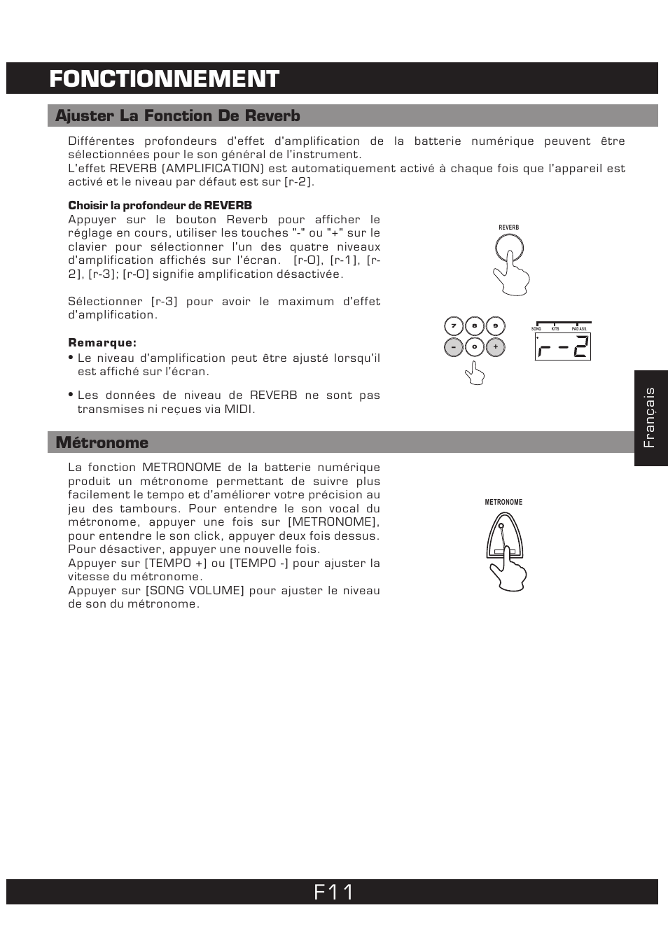 Fonctionnement, Ajuster la fonction de reverb, Métronome | Français | The Singing Machine 7 Pad Electronic Drum Set SMI-1452 User Manual | Page 55 / 68