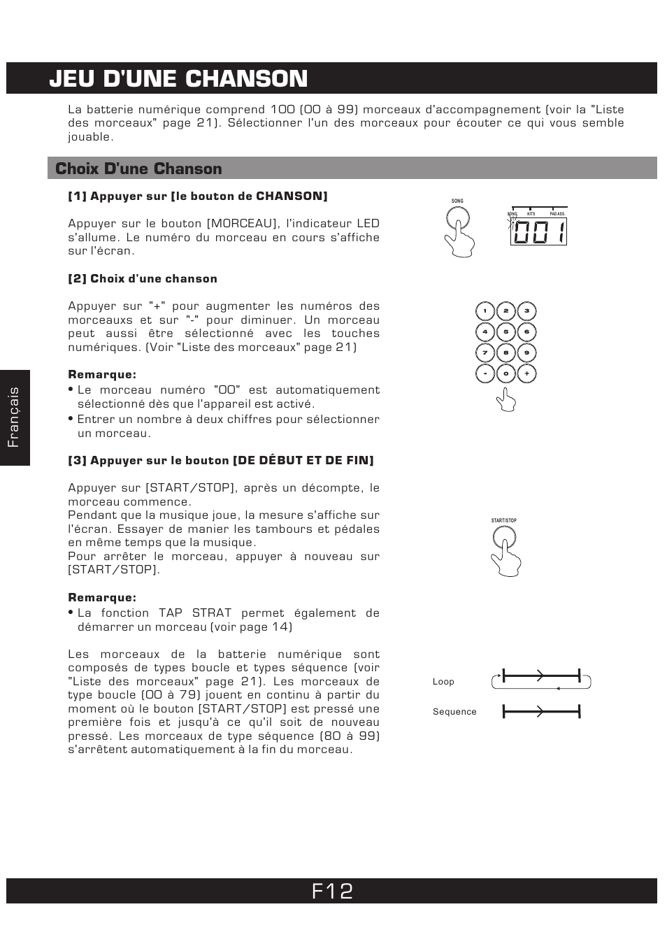 Jeu d'une chanson, Choix d'une chanson, Français | The Singing Machine 7 Pad Electronic Drum Set SMI-1452 User Manual | Page 56 / 68