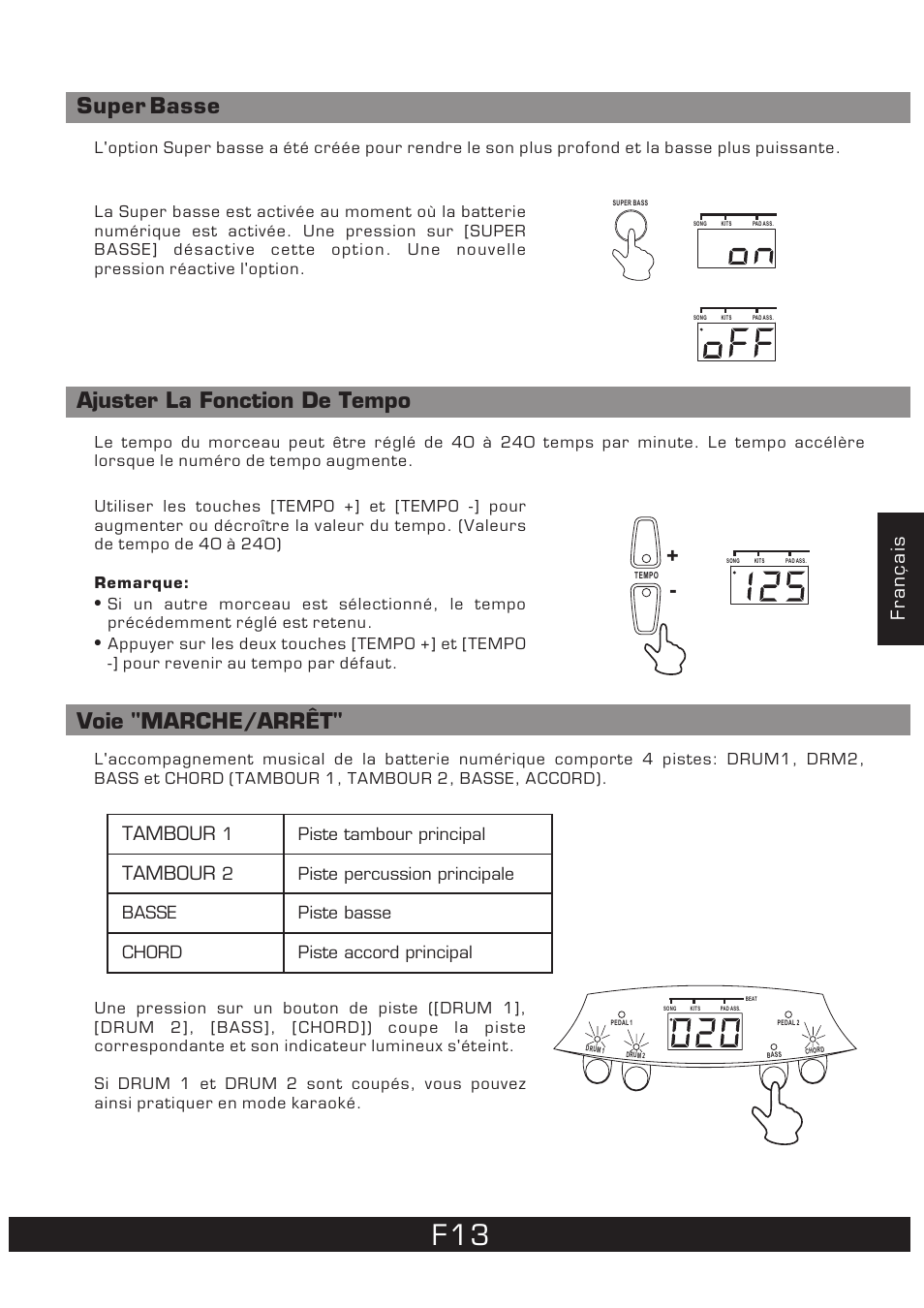 Super basse, Ajuster la fonction de tempo, Voie "marche/arrêt | Tambour, Français | The Singing Machine 7 Pad Electronic Drum Set SMI-1452 User Manual | Page 57 / 68