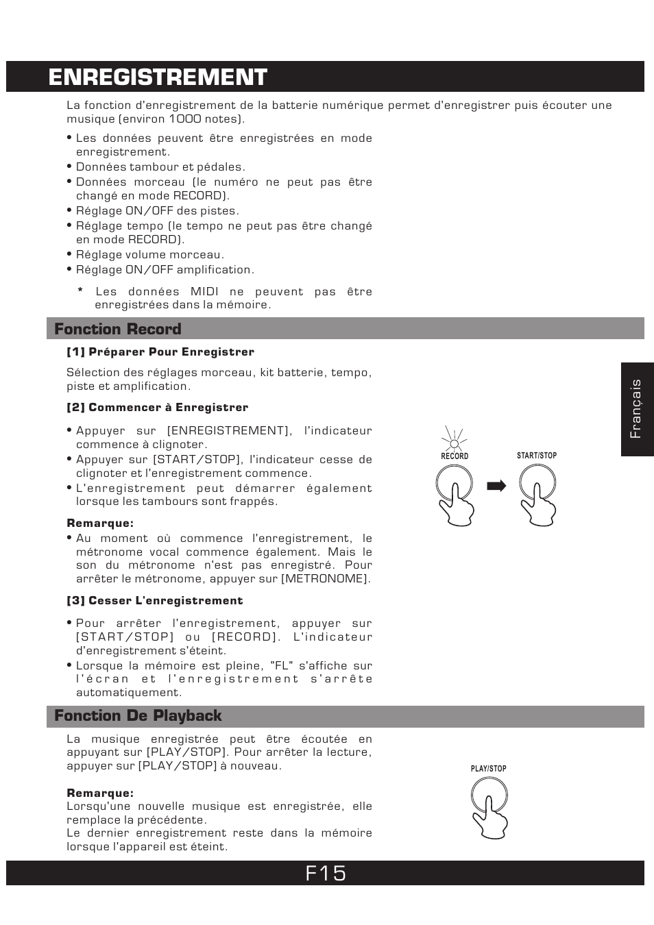 Enregistrement, Fonction record, Fonction de playback | The Singing Machine 7 Pad Electronic Drum Set SMI-1452 User Manual | Page 59 / 68
