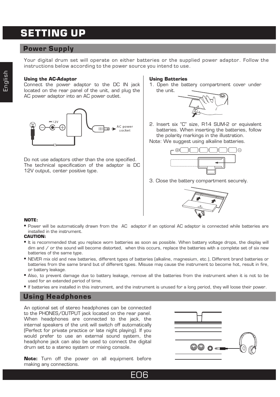 Setting up, Power supply, Using headphones | The Singing Machine 7 Pad Electronic Drum Set SMI-1452 User Manual | Page 6 / 68