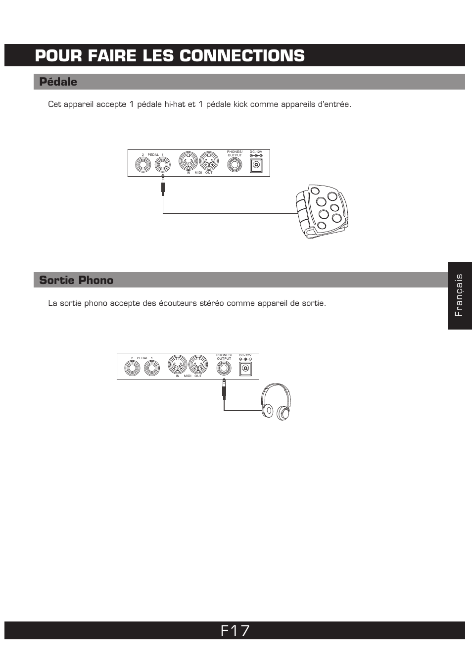 Pour faire les connections, Pédale sortie phono, Français | The Singing Machine 7 Pad Electronic Drum Set SMI-1452 User Manual | Page 61 / 68