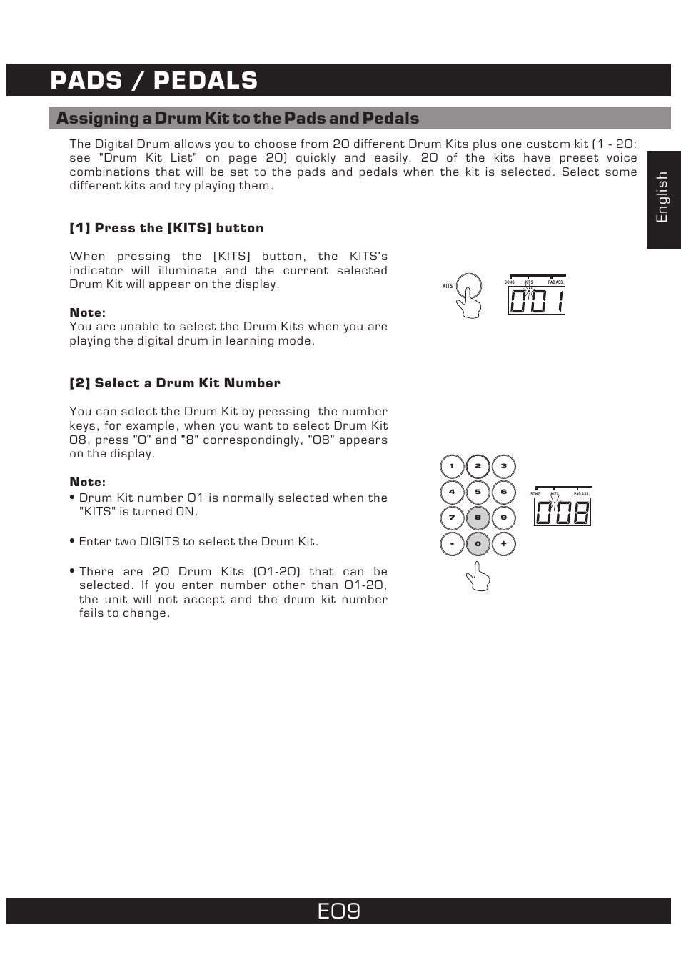 Pads / pedals, Assigning a drum kit to the pads and pedals, English | The Singing Machine 7 Pad Electronic Drum Set SMI-1452 User Manual | Page 9 / 68