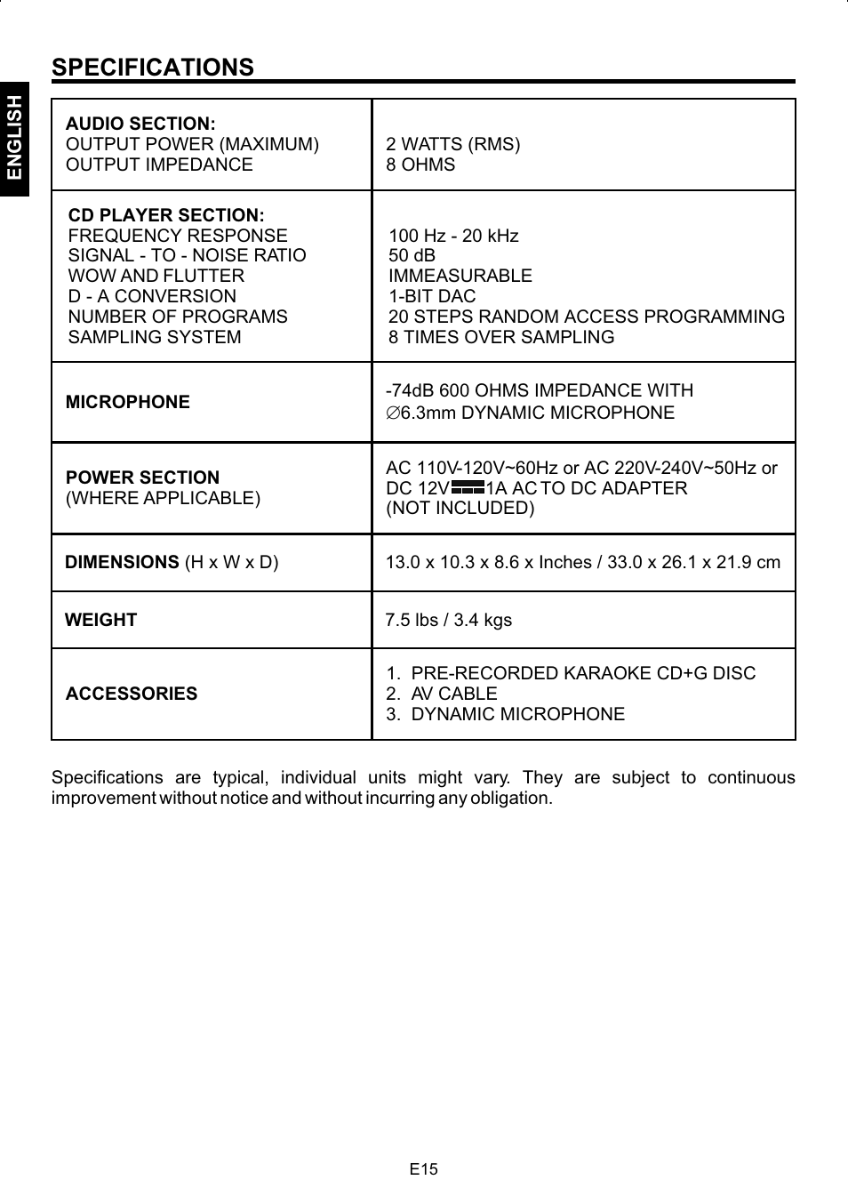 Specifications | The Singing Machine SMG-158 User Manual | Page 16 / 20