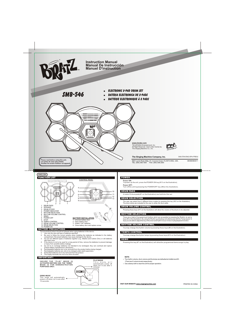 The Singing Machine Electronic 8-Pad Drum Set SMB-546 User Manual | 2 pages
