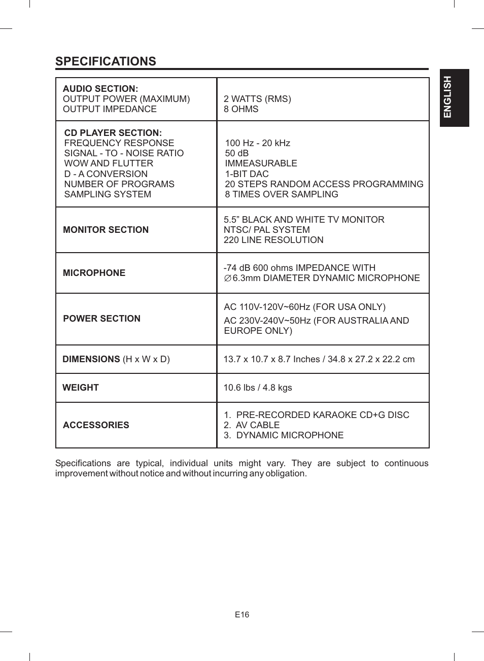 Specifications | The Singing Machine STVG-512 User Manual | Page 17 / 56