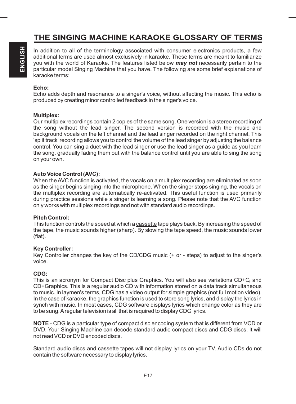 The singing machine karaoke glossary of terms | The Singing Machine STVG-512 User Manual | Page 18 / 56