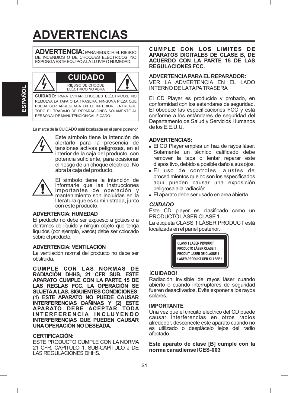 Advertencias, Cuidado, Advertencia | The Singing Machine STVG-512 User Manual | Page 20 / 56