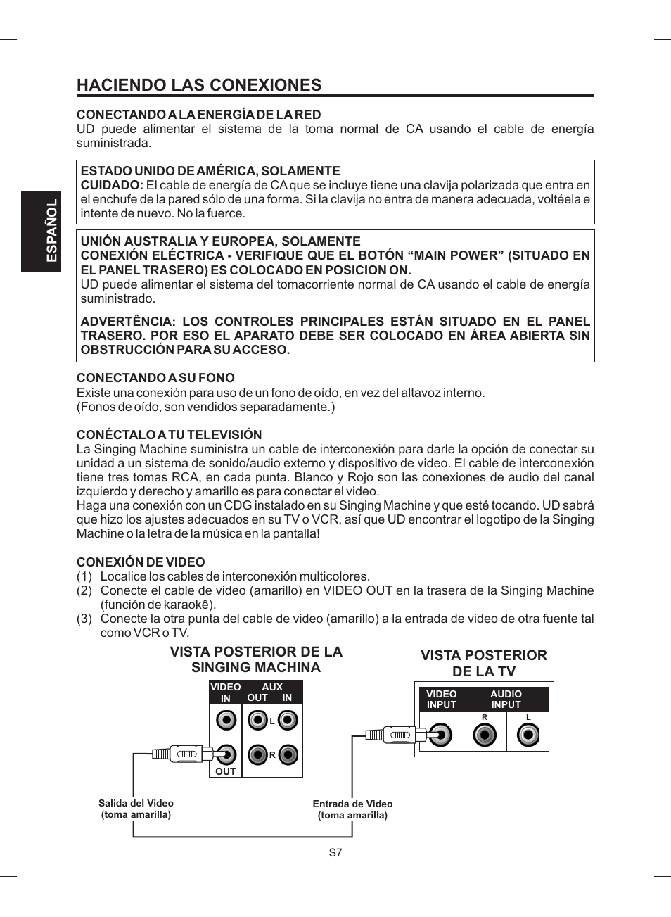 Haciendo las conexiones, Vista posterior de la tv, Vista posterior de la singing machina | The Singing Machine STVG-512 User Manual | Page 26 / 56