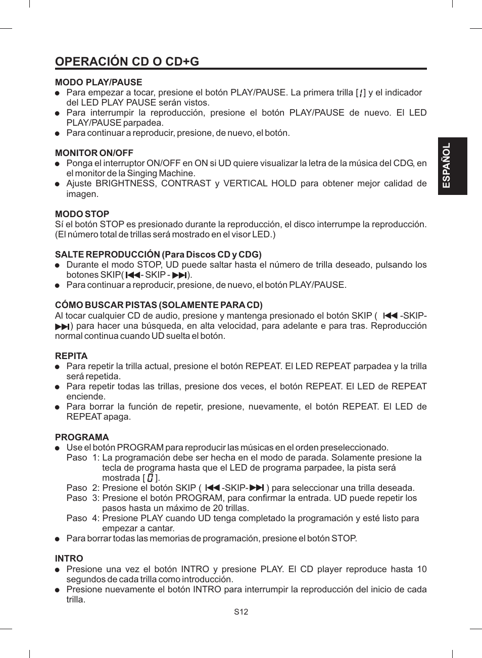 Operación cd o cd+g | The Singing Machine STVG-512 User Manual | Page 31 / 56
