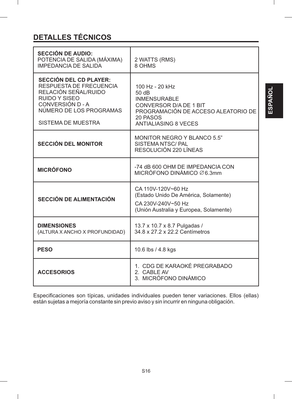 Detalles técnicos | The Singing Machine STVG-512 User Manual | Page 35 / 56