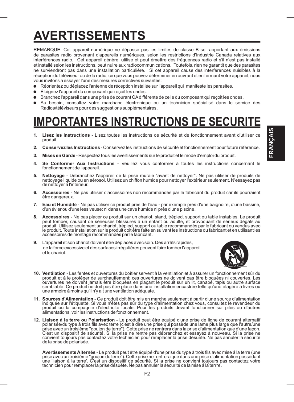 Avertissements, Importantes instructions de securite | The Singing Machine STVG-512 User Manual | Page 39 / 56