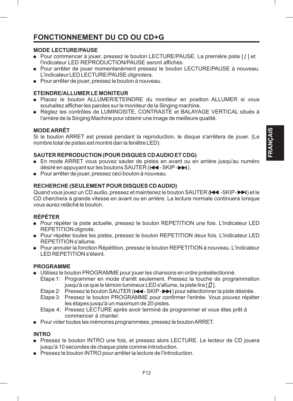 Fonctionnement du cd ou cd+g | The Singing Machine STVG-512 User Manual | Page 49 / 56