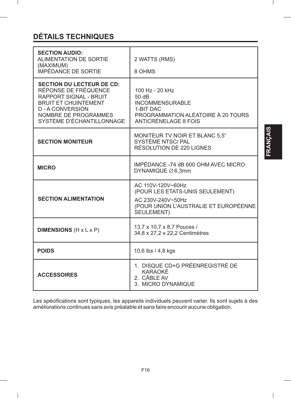 Détails techniques | The Singing Machine STVG-512 User Manual | Page 53 / 56
