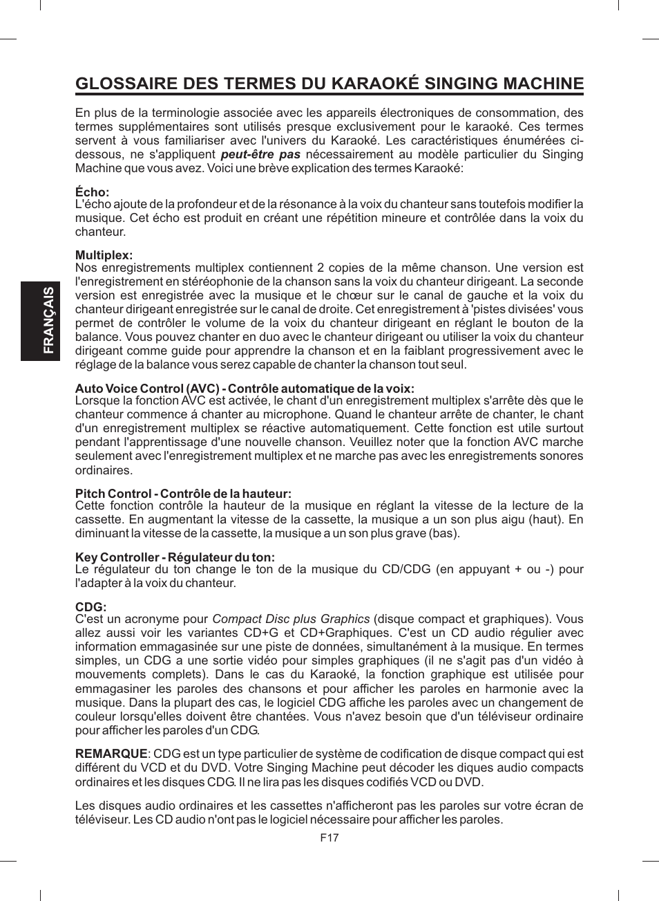 Glossaire des termes du karaoké singing machine | The Singing Machine STVG-512 User Manual | Page 54 / 56