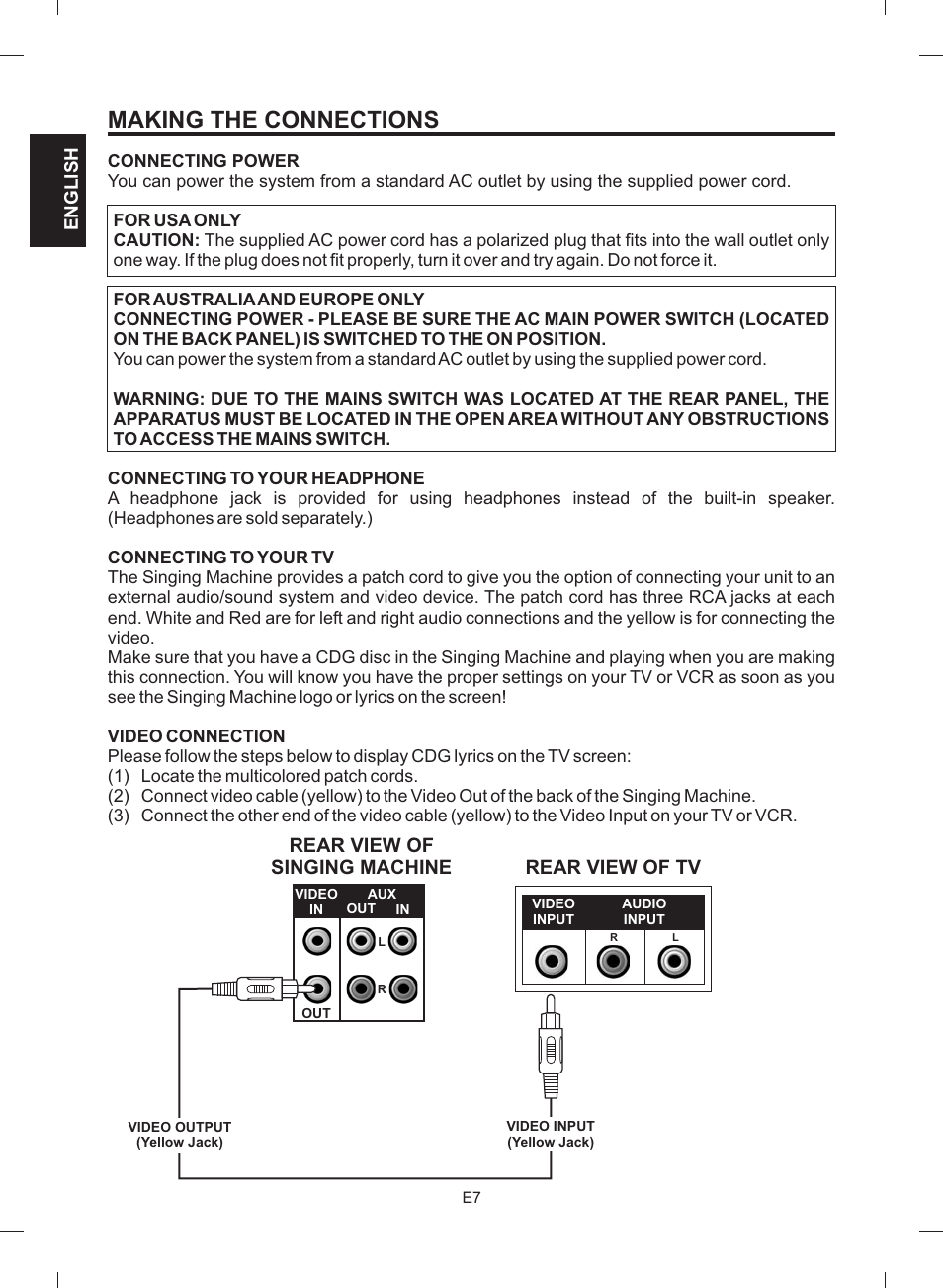 Making the connections, Rear view of singing machine, Rear view of tv | The Singing Machine STVG-512 User Manual | Page 8 / 56