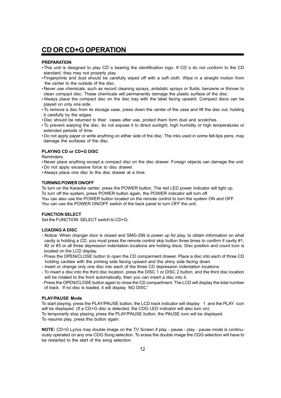 Cd or cd+g operation | The Singing Machine SMG - 299 User Manual | Page 13 / 22