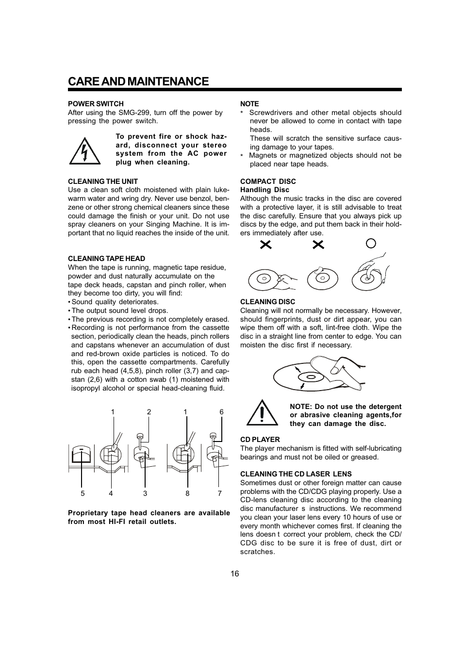 Care and maintenance | The Singing Machine SMG - 299 User Manual | Page 17 / 22