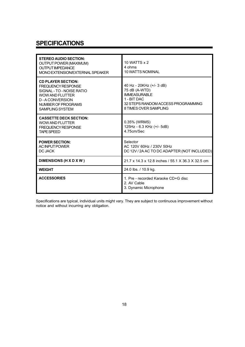Specifications | The Singing Machine SMG - 299 User Manual | Page 19 / 22