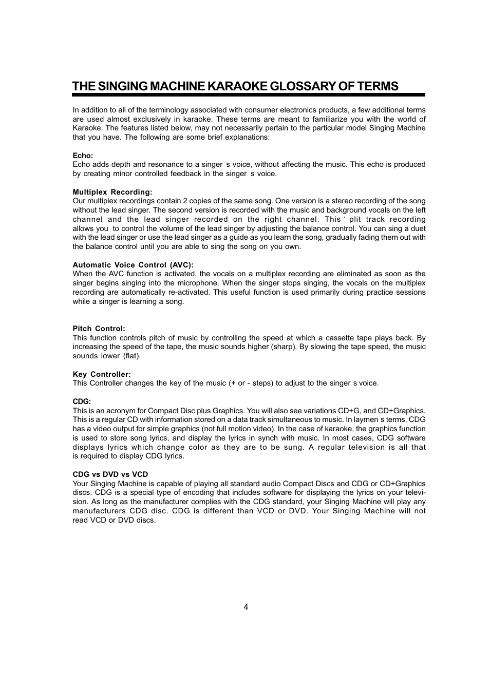 The singing machine karaoke glossary of terms | The Singing Machine SMG - 299 User Manual | Page 5 / 22