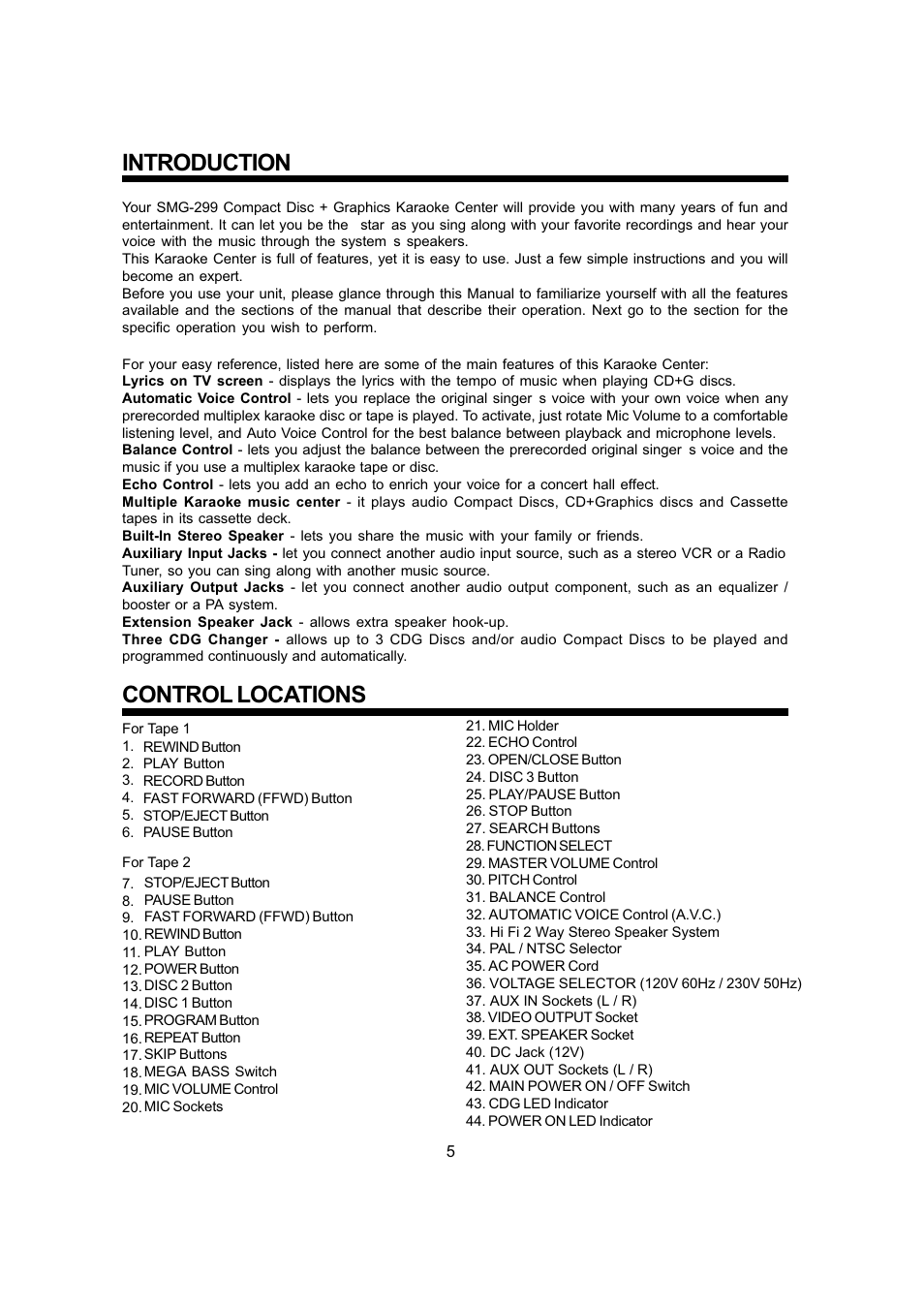 Introduction, Control locations | The Singing Machine SMG - 299 User Manual | Page 6 / 22