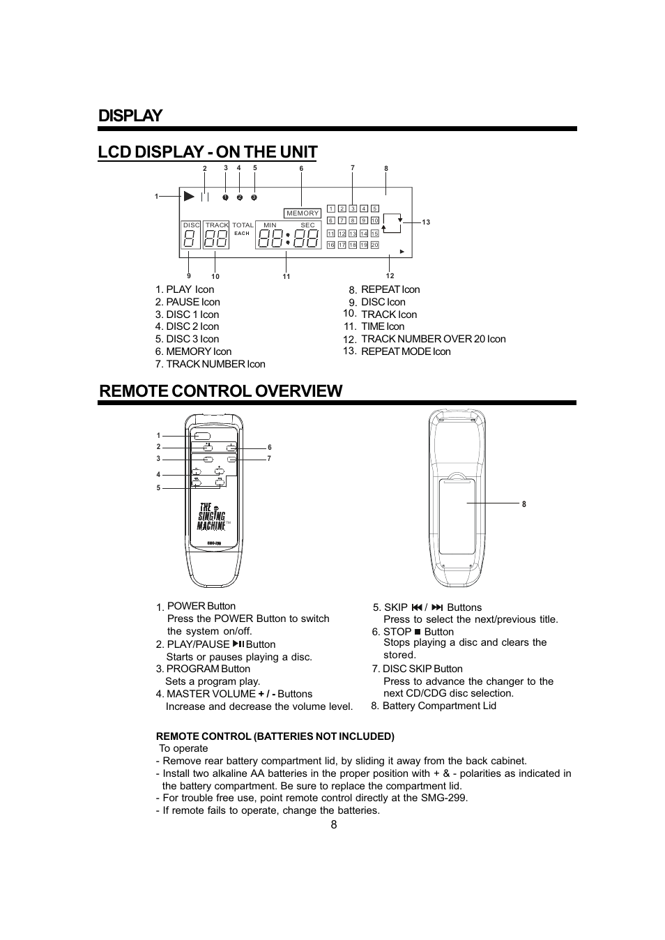 Lcd display - on the unit, Remote control overview, Display | The Singing Machine SMG - 299 User Manual | Page 9 / 22