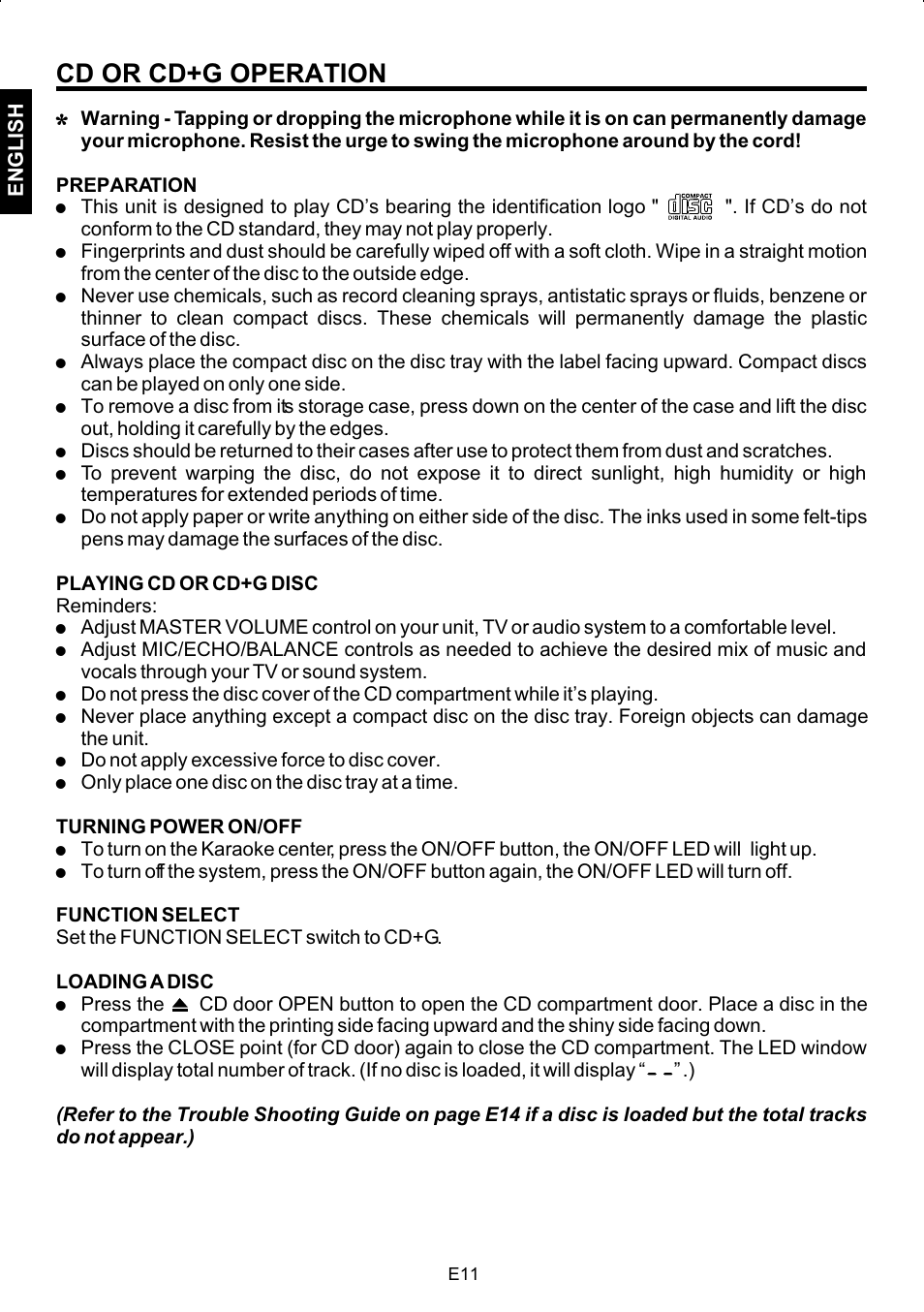 Cd or cd+g operation | The Singing Machine STVG-502 User Manual | Page 12 / 20