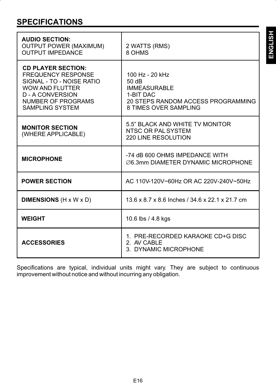 Specifications | The Singing Machine STVG-502 User Manual | Page 17 / 20