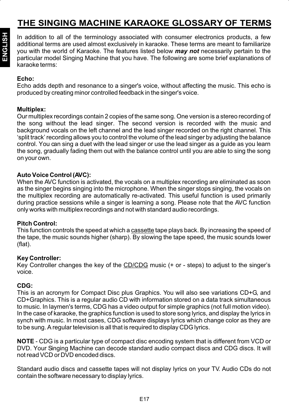 The singing machine karaoke glossary of terms | The Singing Machine STVG-502 User Manual | Page 18 / 20