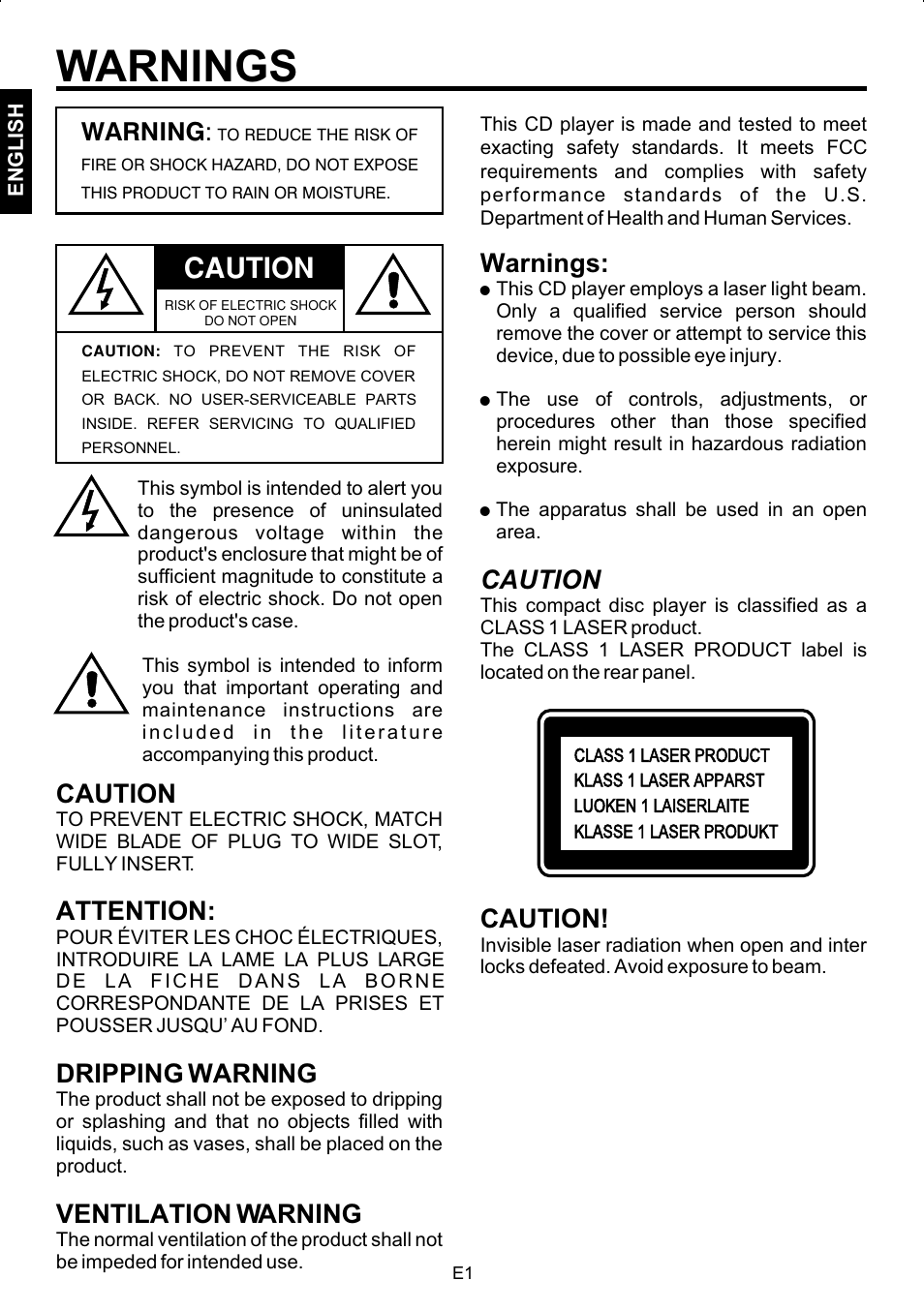 Warnings, Caution, Attention | Dripping warning, Ventilation warning, Warning | The Singing Machine STVG-502 User Manual | Page 2 / 20