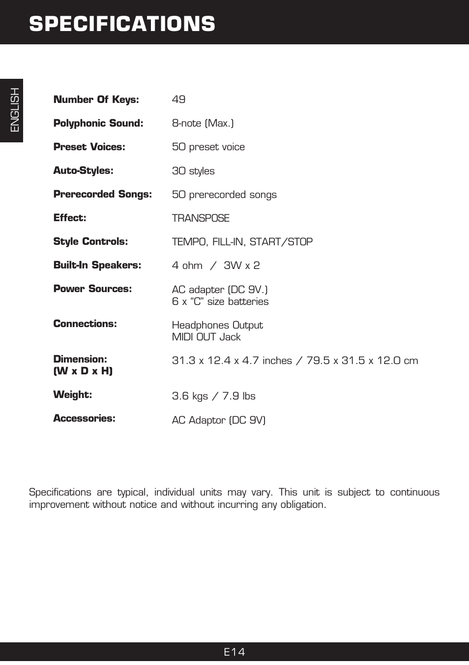 Specifications | The Singing Machine SMI-1420 User Manual | Page 14 / 52