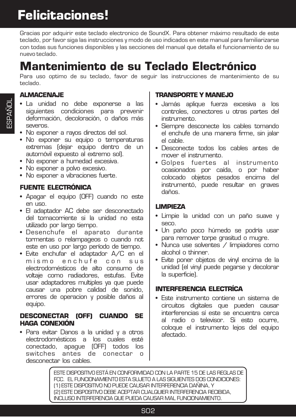 Felicitaciones, Mantenimiento de su teclado electrónico | The Singing Machine SMI-1420 User Manual | Page 18 / 52