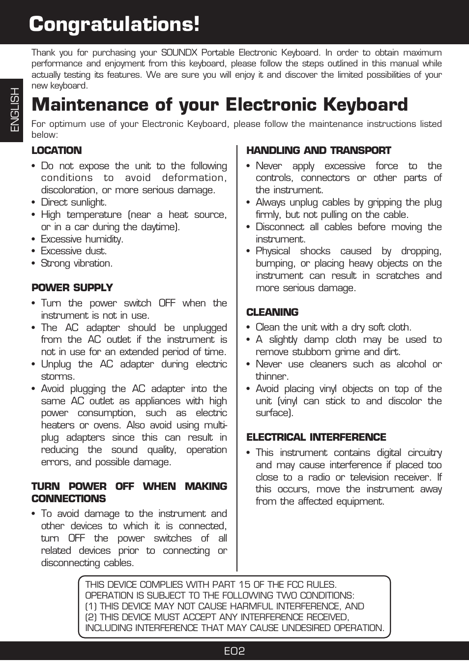 Maintenance of your electronic keyboard | The Singing Machine SMI-1420 User Manual | Page 2 / 52