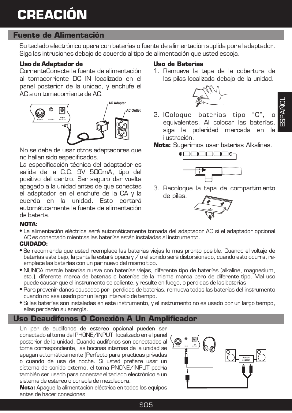 Creación, Fuente de alimentación, Uso deaudifonos o conexión a un amplificador | The Singing Machine SMI-1420 User Manual | Page 21 / 52