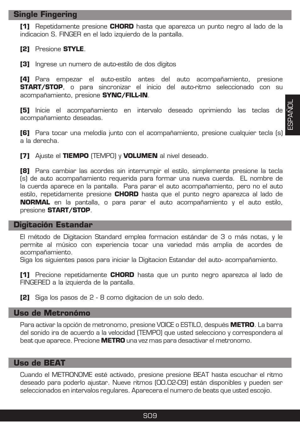 Uso de metronómo uso de beat single fingering, Digitación estandar | The Singing Machine SMI-1420 User Manual | Page 25 / 52