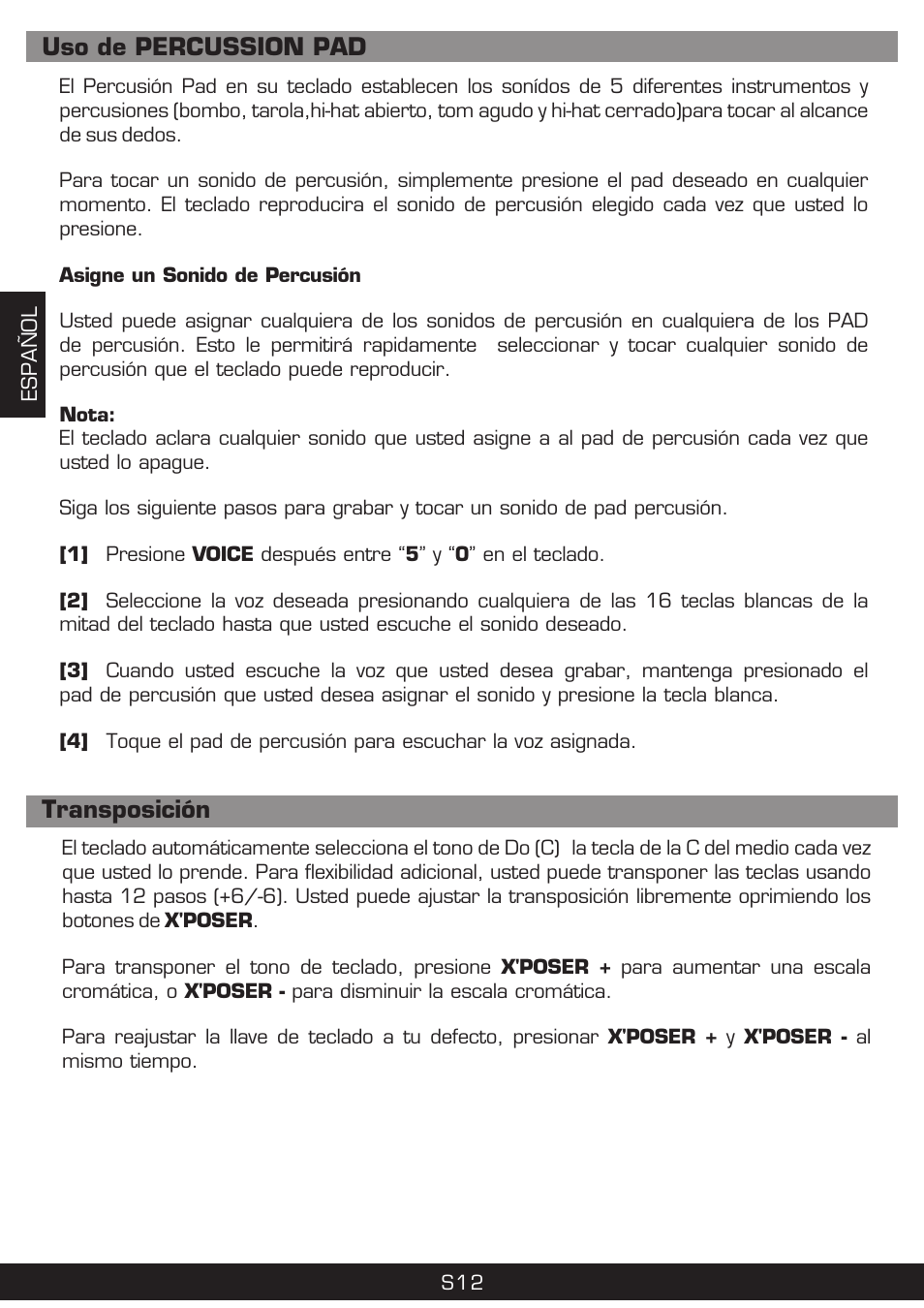 Uso de percussion pad transposición | The Singing Machine SMI-1420 User Manual | Page 28 / 52